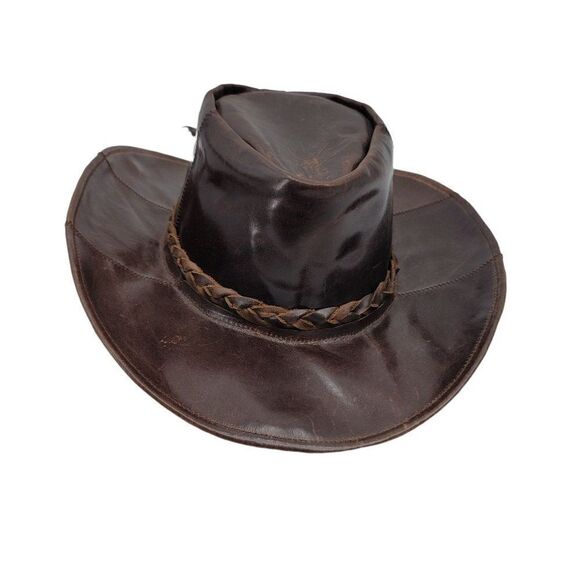 Vtg Hat Leather Cowboy Safari Distressed Braided Accent Unisex Dark Brown L 21" - Picture 3 of 10